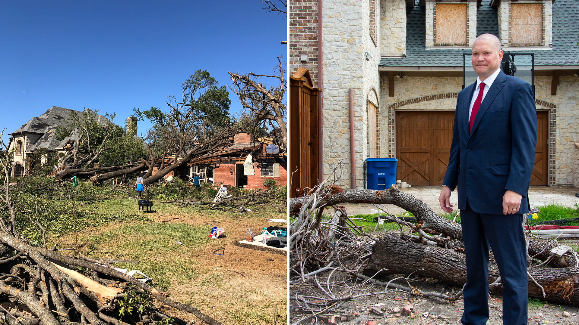 Paul in front of a home damaged by a storm. This is the type of destruction the company restore.