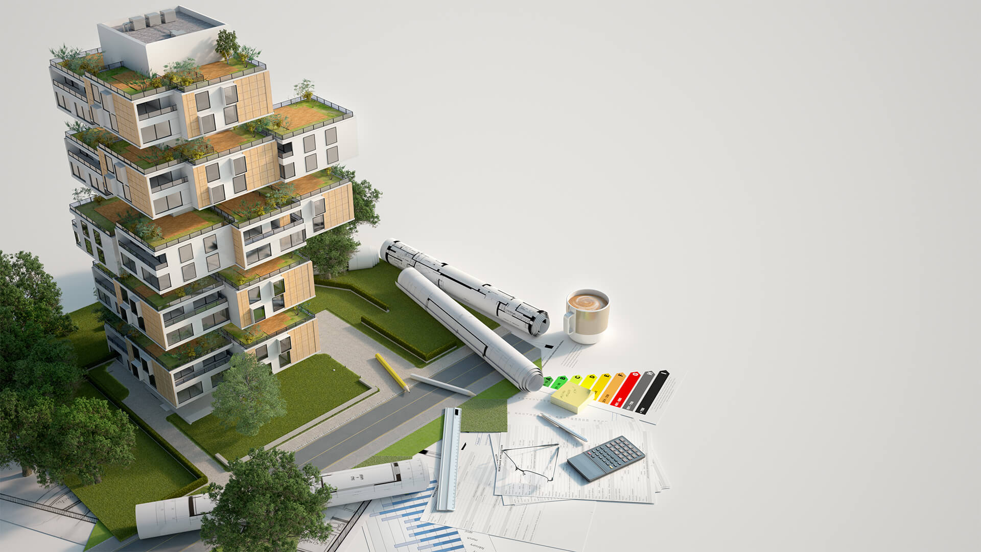 Plans for a sustainable building, with a 3d rendour of the building
