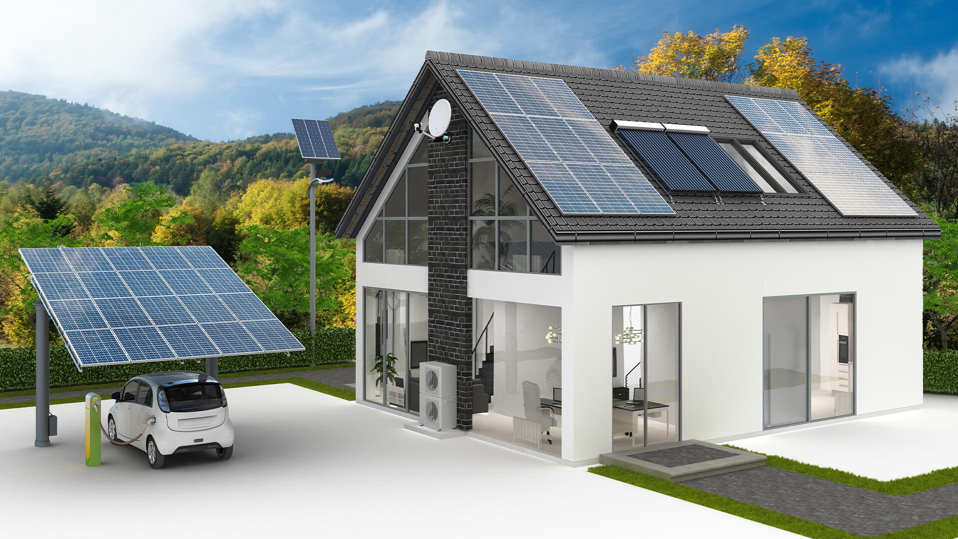 3D rendoured image of a modern home with solar pannels on the roof powering the electric car on the drive