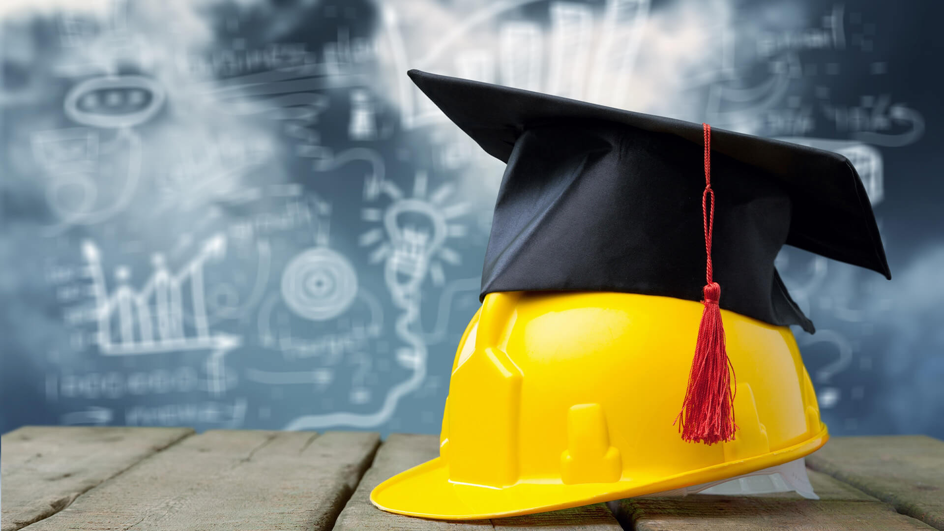 Yellow hard hat with a graduate hat on top