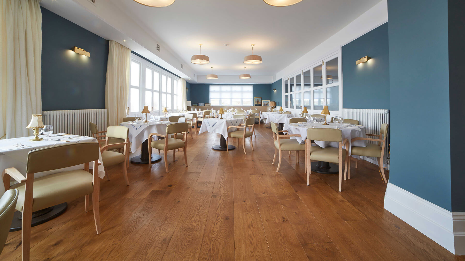 Restaurant interior, with hartdwood floors from Beach Bros