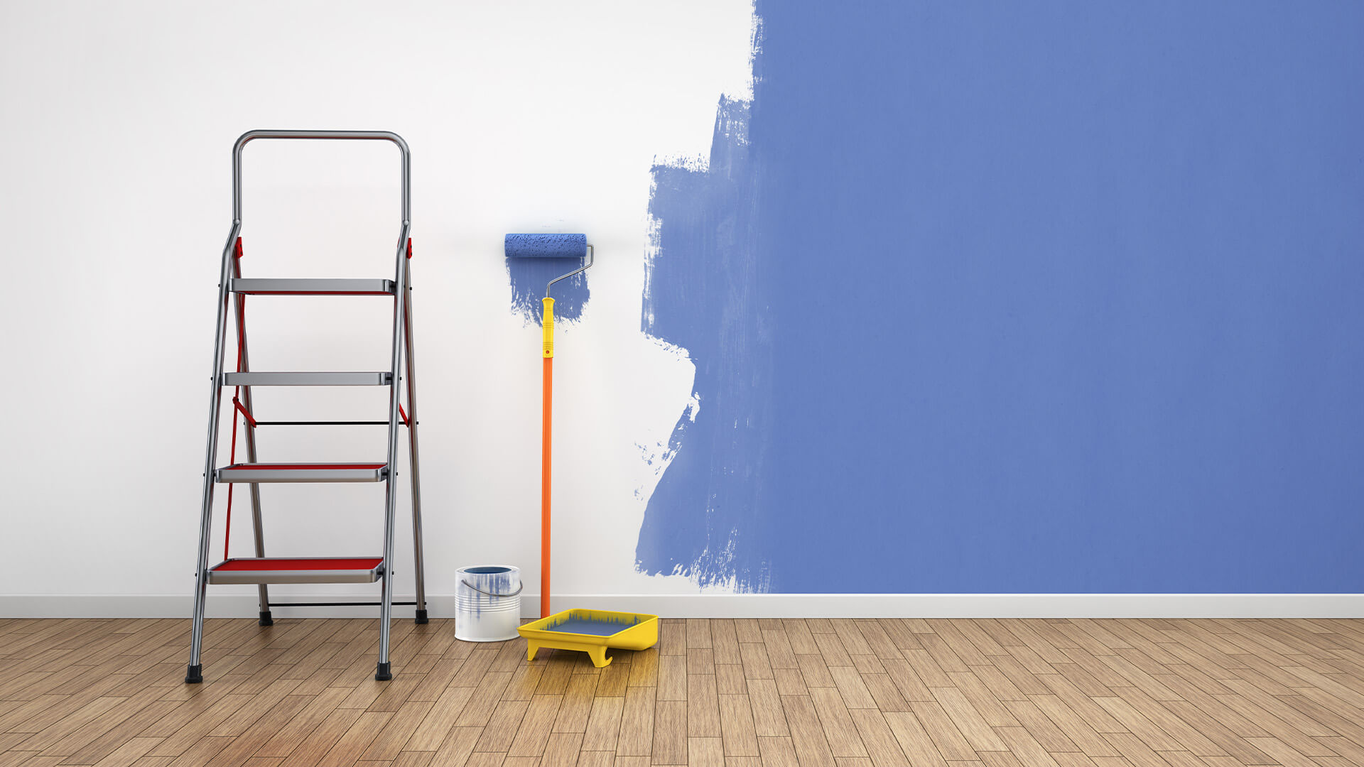 Half painted room with a roller leaning against the wall
