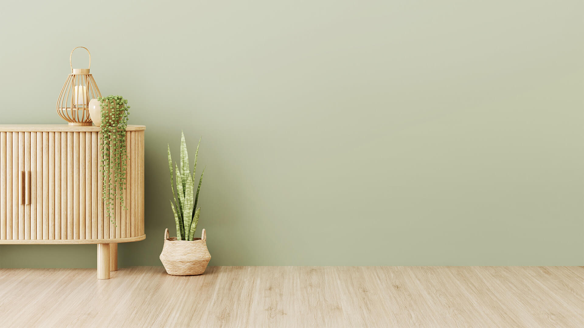 Mint green living room interior with chic curved furniture and plants