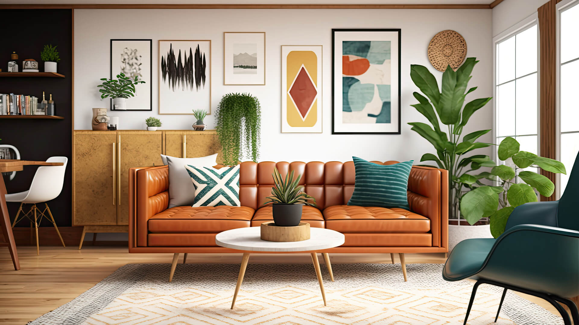 Mid-Century Modern Living Room with Tan Leather Sofa
