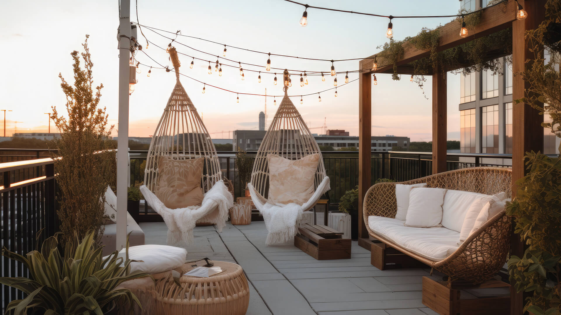 a modern of a comfortable rooftop patio area with a lounging area, a hanging chair, and string lights at sunset