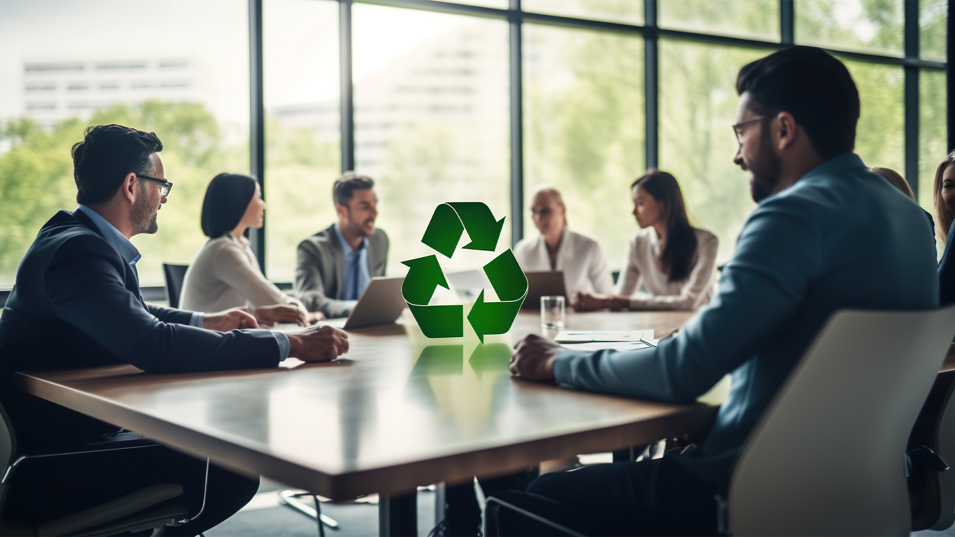 Environmental natural ecology recycle icon on blurred background of diverse group of business professionals