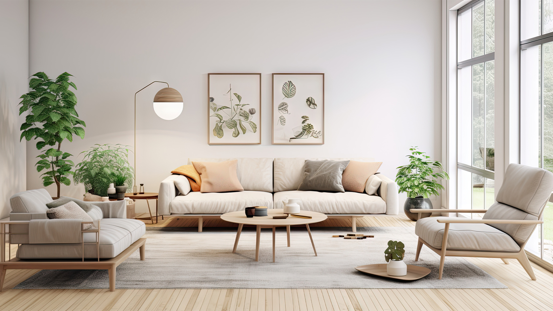Modern Scandinavian home interior design characterized by an elegant living room featuring a comfortable sofa