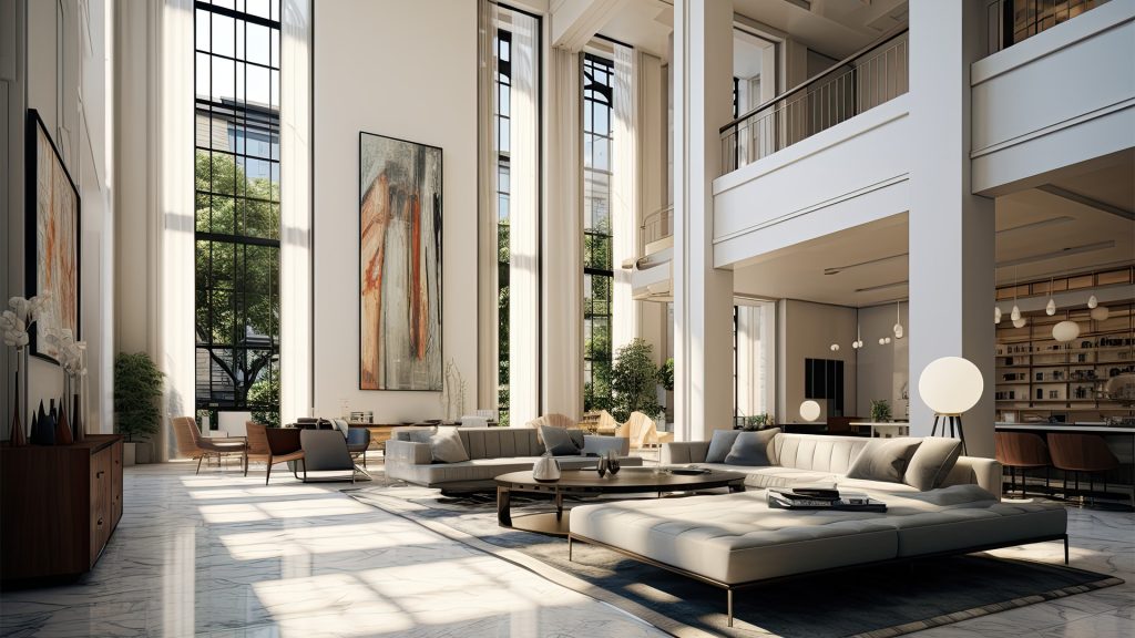 Lavish fancy modern house apartment home interior, marble floor, High ceilings, High glass windows