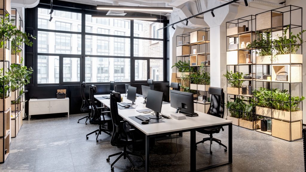 modern loft office interior with furniture