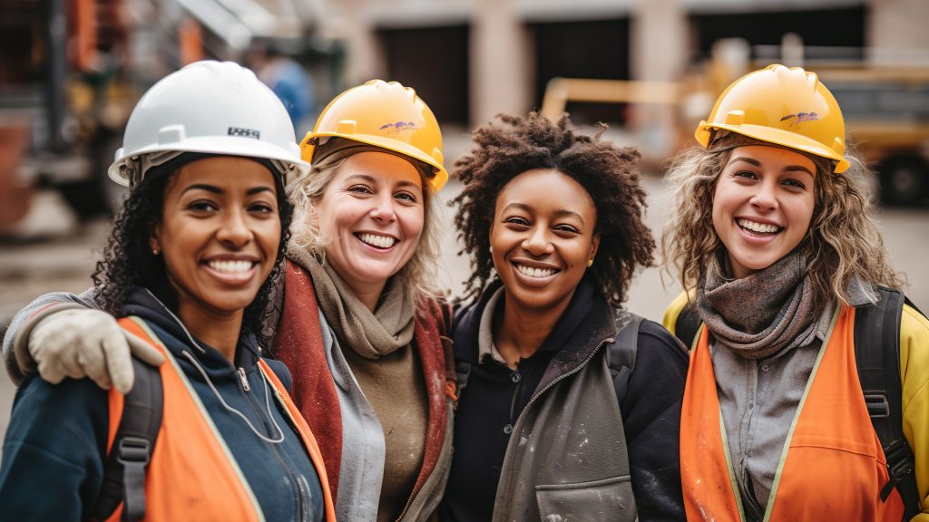 Smiling portrait of a diverse happy female group of women working construction