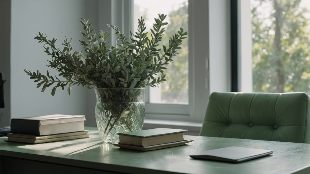 Close up shot of a sage green and white minimalist home office table