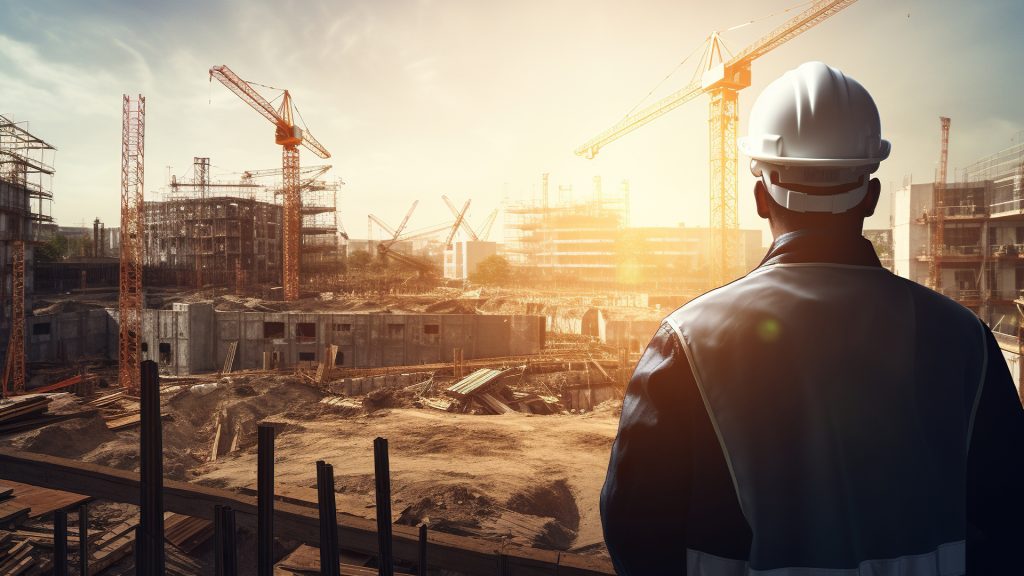 an engineer wearing safety protection hard hat looking towards construction site