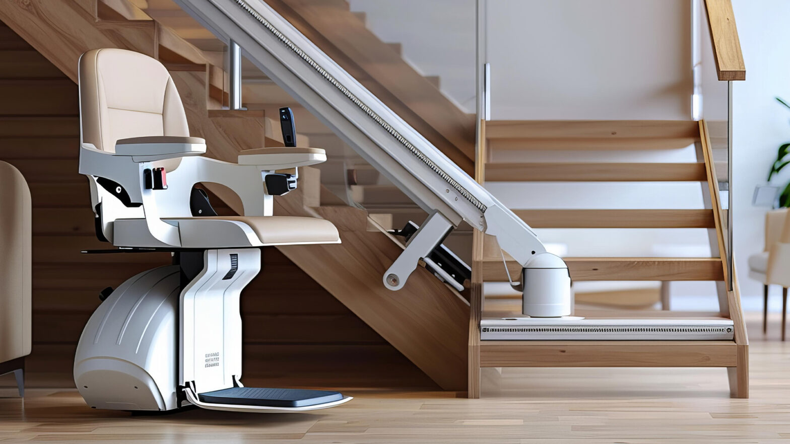 Modern stairlift in a bright home interior for accessibility. Homecare and assistive technology