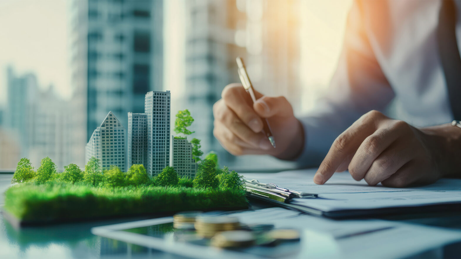 Close-up of a civil engineer calculating the carbon footprint of a new green construction project