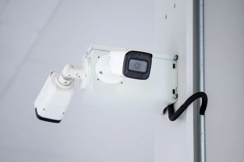 Mounted surveillance camera on wall showing professional security installation